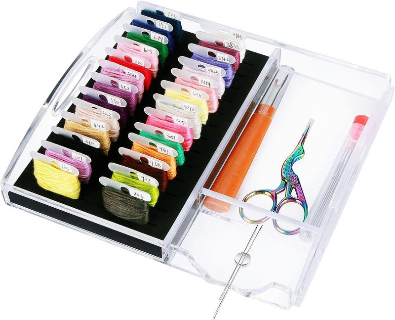 Hamtery Acrylic Working Tray for Cross Stitch and Embroidery Supplies, Embroidery Floss Bobbins Organizer with Magnetic Needle Holder and Tools Storage-Tray Only (Small-For thin/standard bobbin) - Image 1